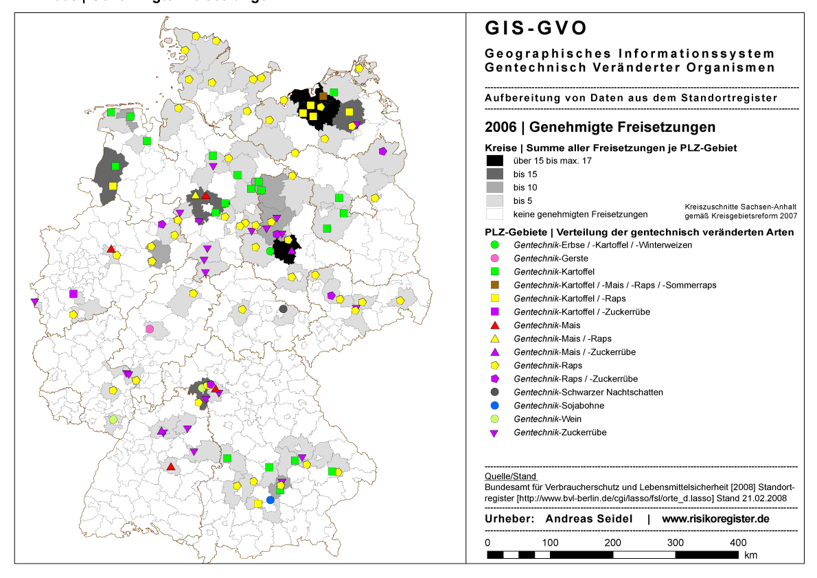 Genehmigte Freisetzungen der gentechnisch vernderten Arten Kartoffel, Mais, Raps, Zuckerrbe, Gerste, Erbse, Pappel, Petunie, Schwarzer Nachtschatten, Sojabohne, Sommerraps, Tabak, Wein, Weizen, Winterweizen 2006 laut Standortregister BVL