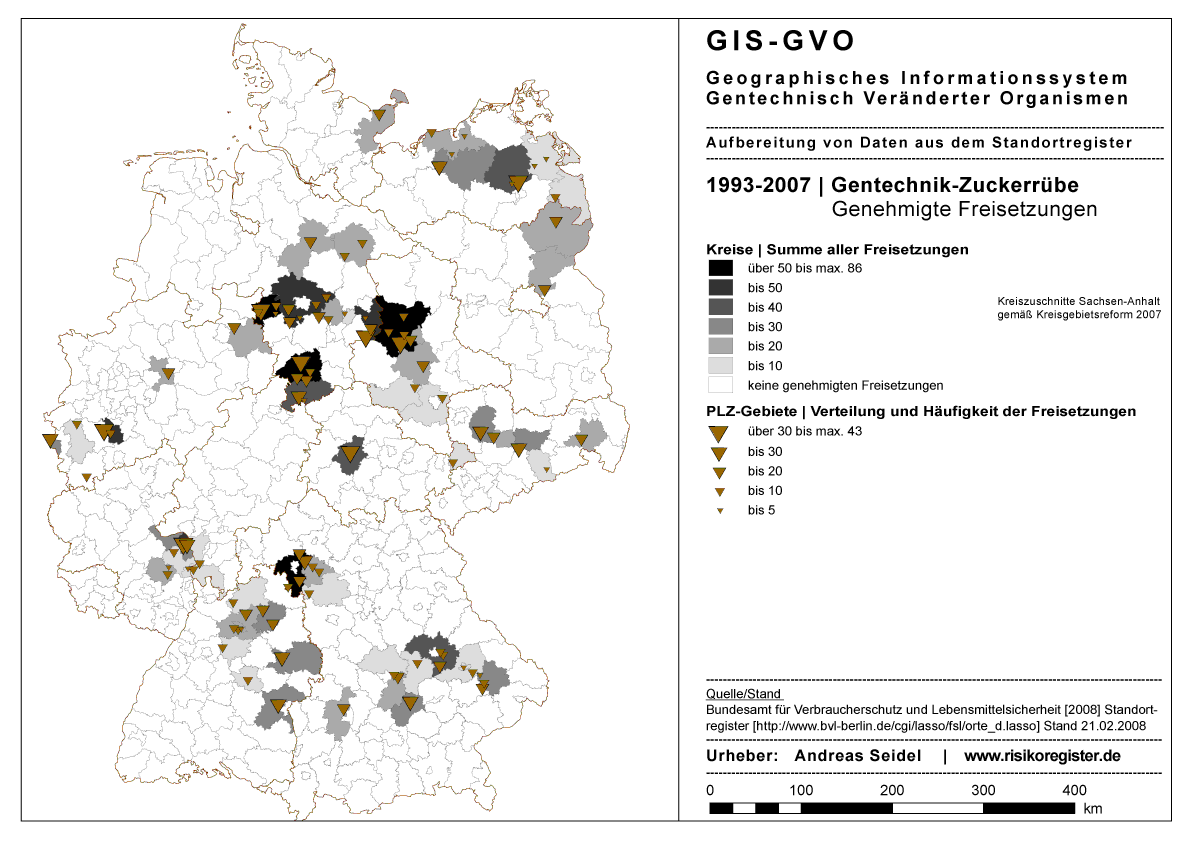 Genehmigte Freisetzungen von Gentechnik-Zuckerrbe 1993-2007 laut Standortregister BVL